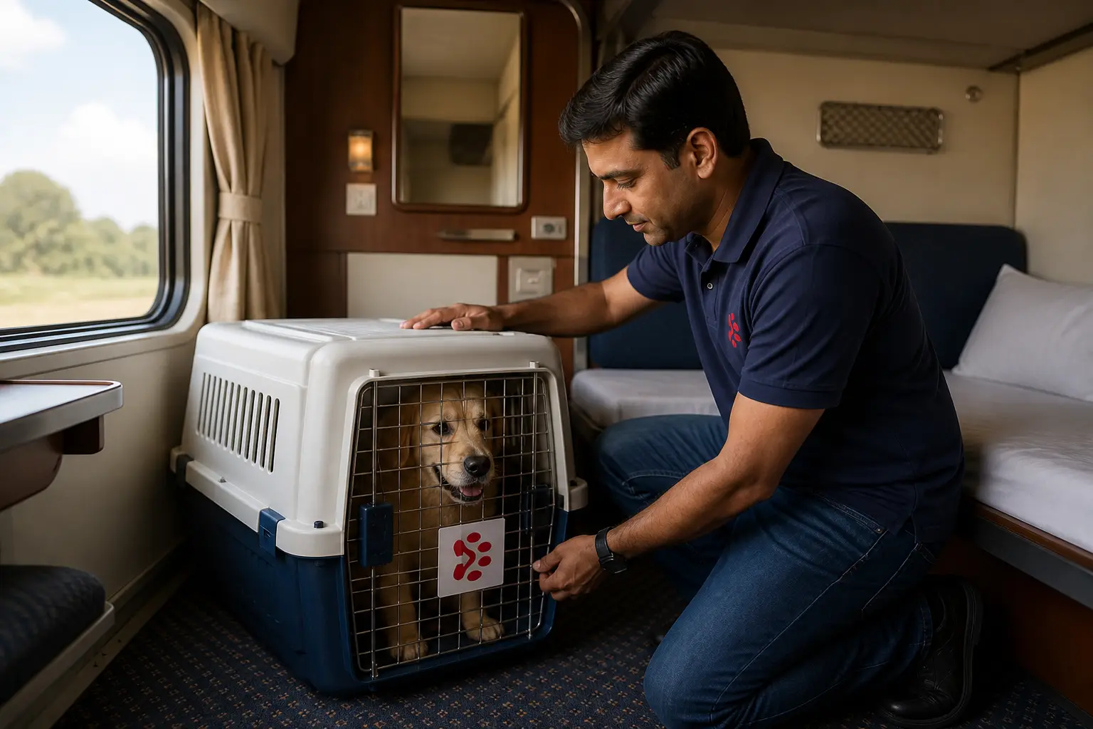 Pet and IATA crate on Indian Railways First AC train feeder to departure hub for Dibba Al-Fujairah flight