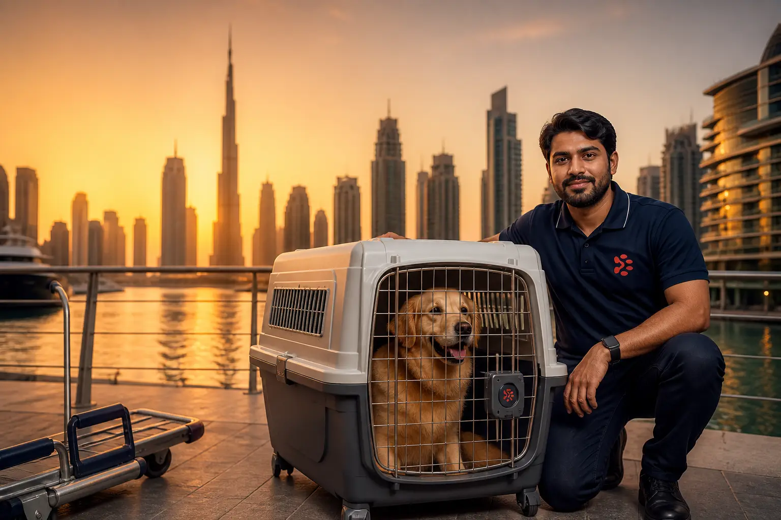 International pet relocation services from India to Dubai, dog in IATA travel crate with Dubai UAE skyline
