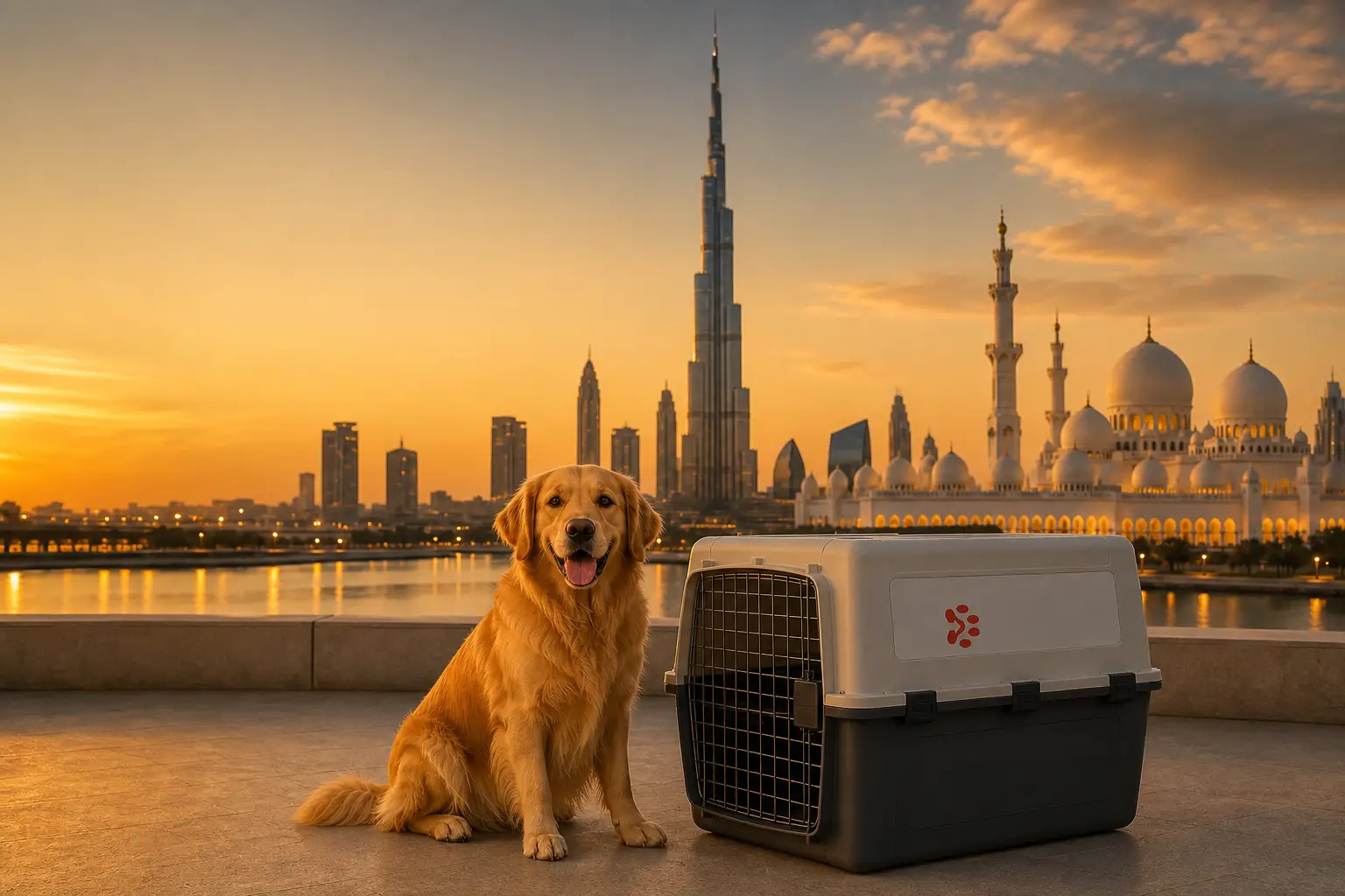 International pet relocation services from India to the UAE, dog in IATA travel crate with Dubai Burj Khalifa and Abu Dhabi skyline