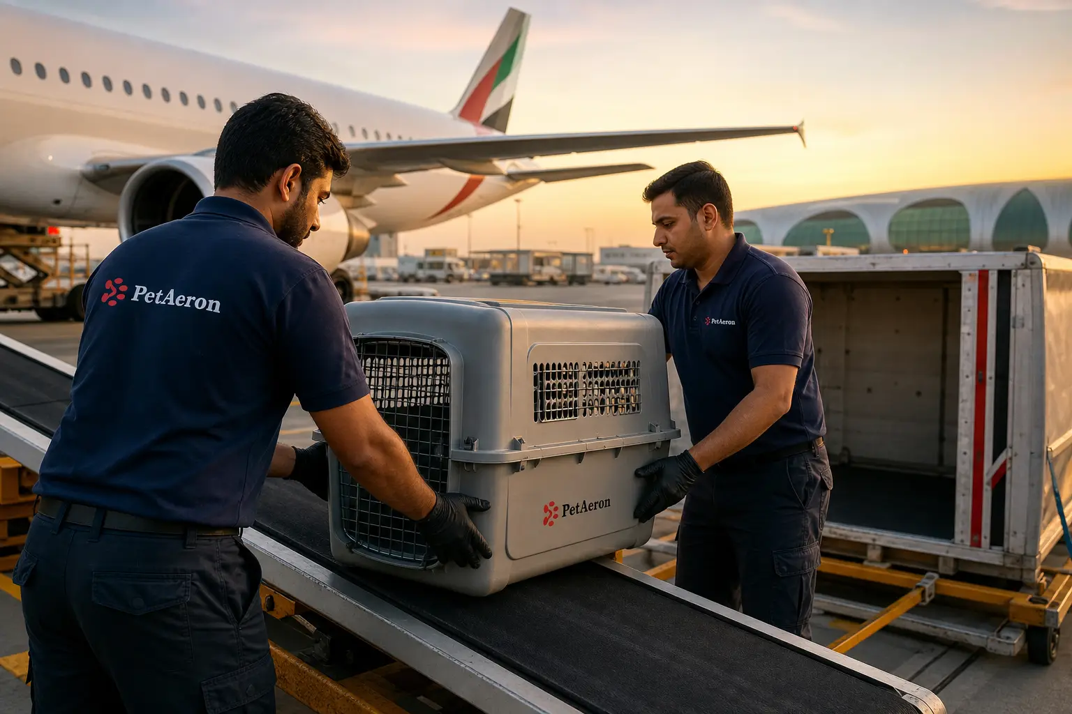 PetAeron staff loading IATA crate for international air cargo flight from India to the UAE via Dubai DXB and Abu Dhabi AUH