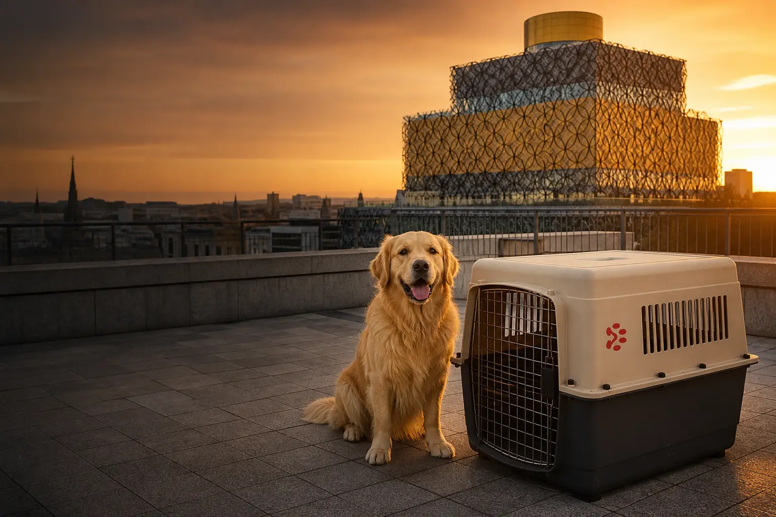 International pet relocation services from India to Birmingham, dog in IATA travel crate with Library of Birmingham skyline