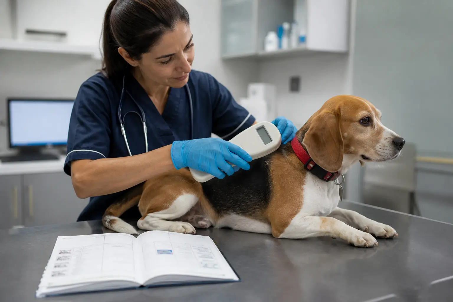 Veterinarian microchip scan and rabies vaccination check before pet travel India to UK