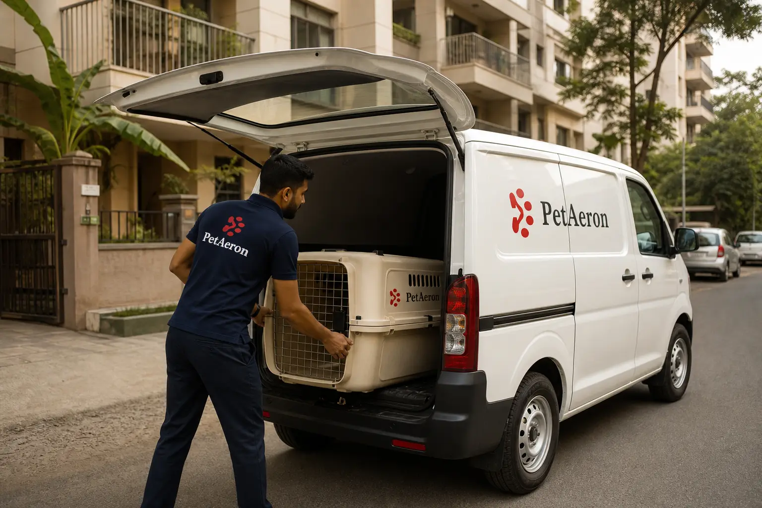 PetAeron climate-controlled van door-to-door pet pickup from Indian home before Leeds flight