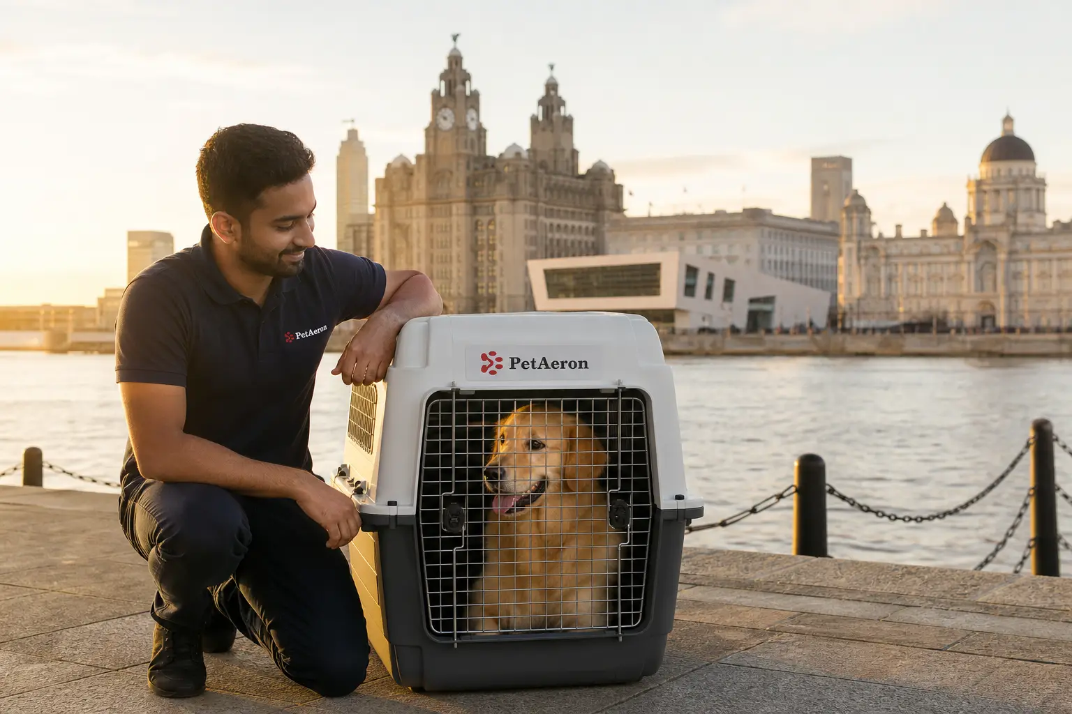 International pet relocation services from India to Liverpool, dog in IATA travel crate with Liverpool waterfront and Royal Liver Building