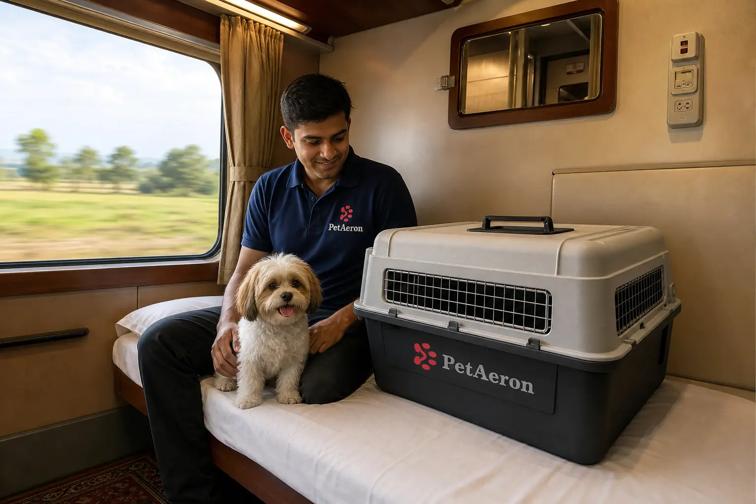 Pet and IATA crate on Indian Railways First AC train feeder to departure hub for Sheffield flight
