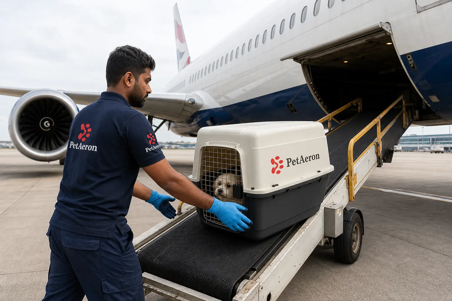 PetAeron staff loading IATA crate for international air cargo flight from India to UK Heathrow