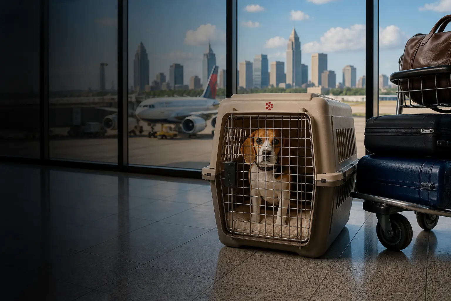 Pet relocation from India to Atlanta, beagle in PetAeron IATA crate at Hartsfield-Jackson ATL airport