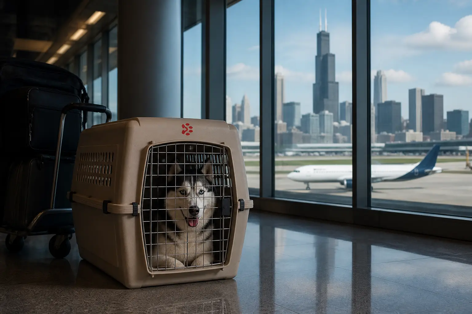 Pet relocation from India to Chicago, husky in PetAeron IATA crate at O'Hare ORD with Chicago skyline