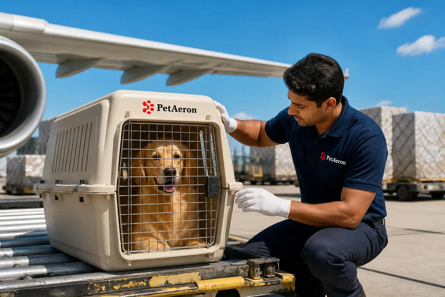 PetAeron staff loading IATA crate for international air cargo flight from India to Dallas DFW