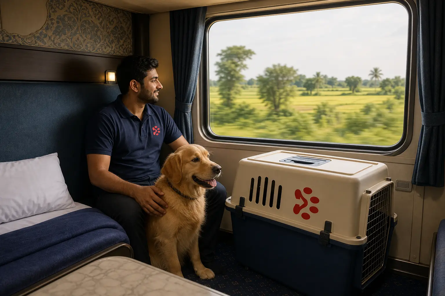 Pet and IATA crate on Indian Railways First AC train transfer to departure hub for Dallas flight