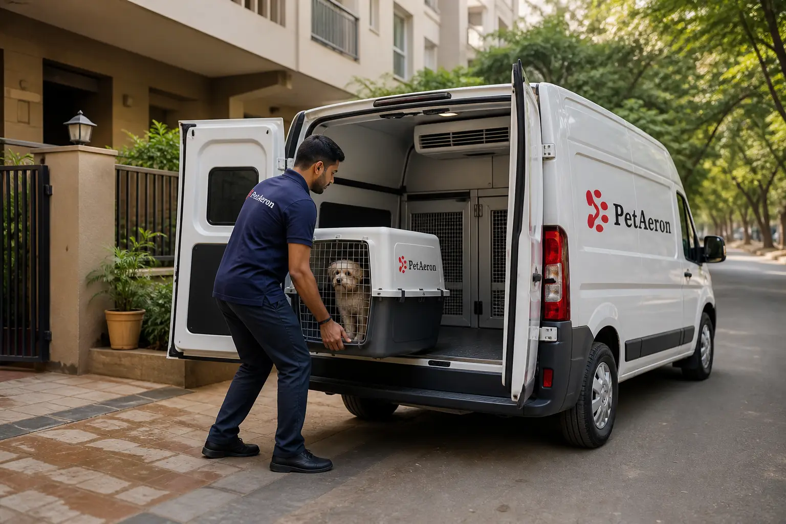 PetAeron climate-controlled van door-to-door pet pickup from Indian home before Dallas flight