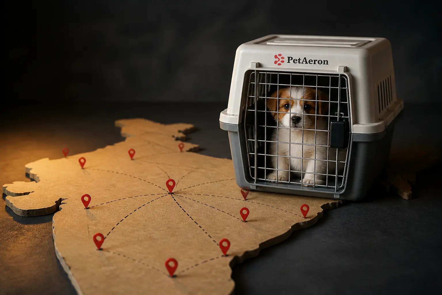 International pet relocation from India to Los Angeles, puppy in PetAeron IATA crate on India route map