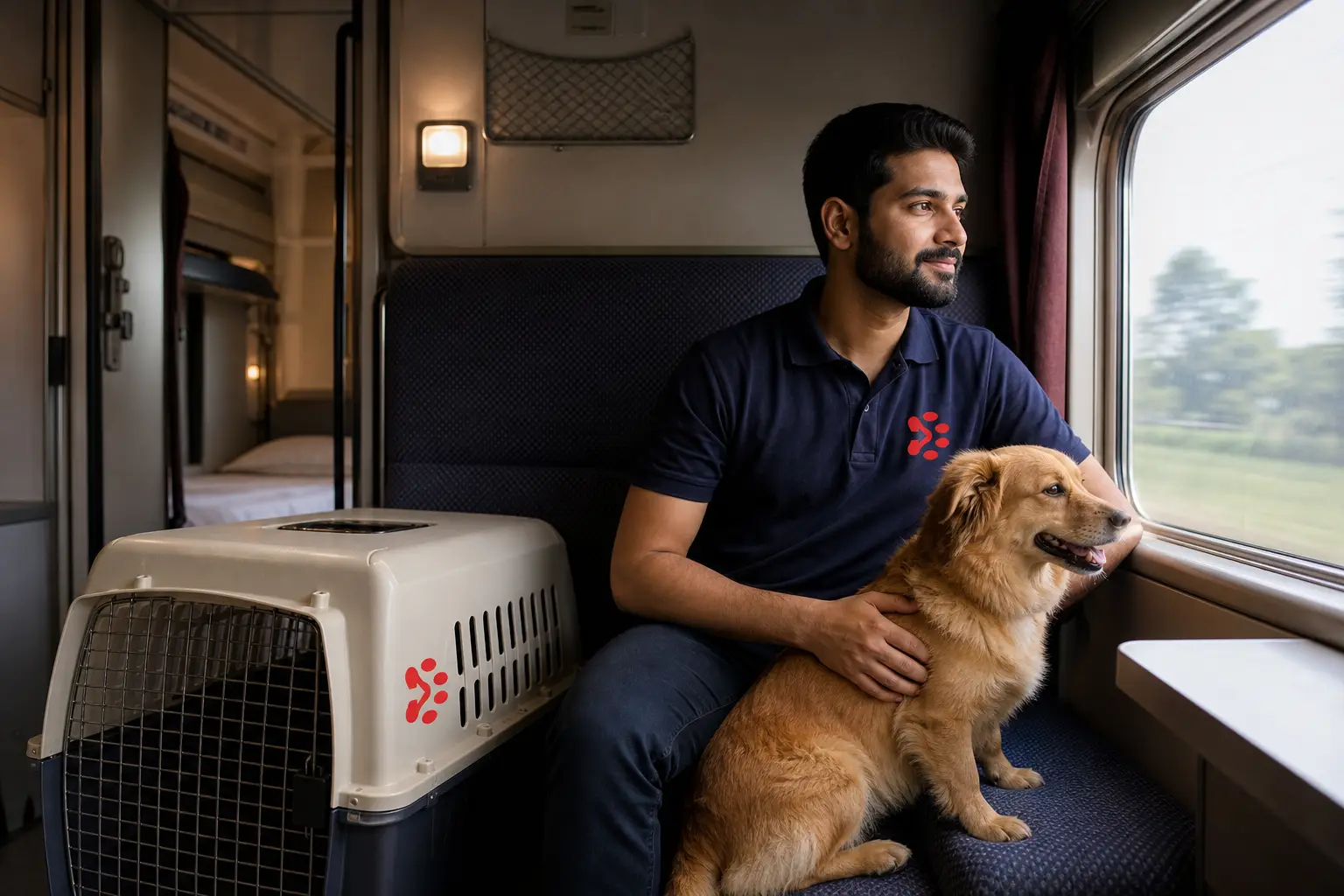 Pet and IATA crate on Indian Railways First AC train transfer to departure hub for Miami flight
