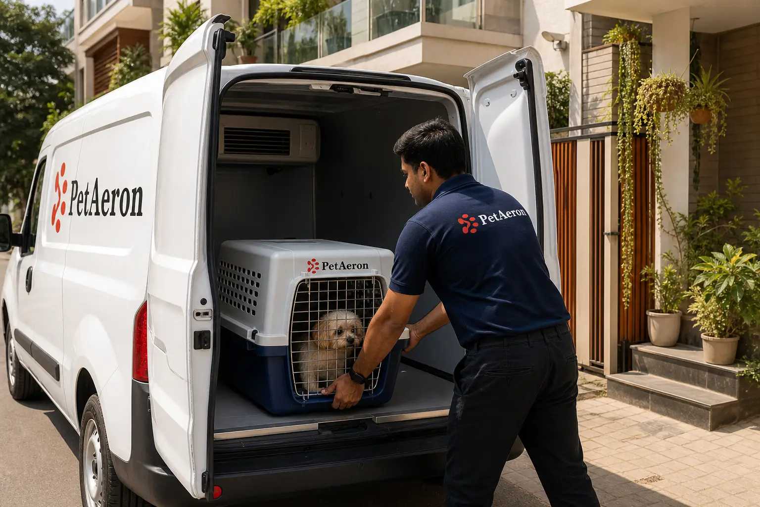 PetAeron climate-controlled van door-to-door pet pickup from Indian home before Miami flight