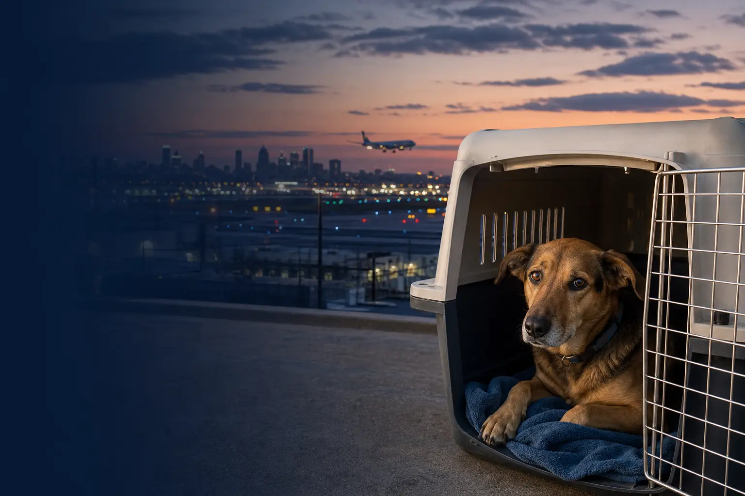 Pet relocation from India to New Jersey, rescue dog in travel crate near EWR airport runway lights