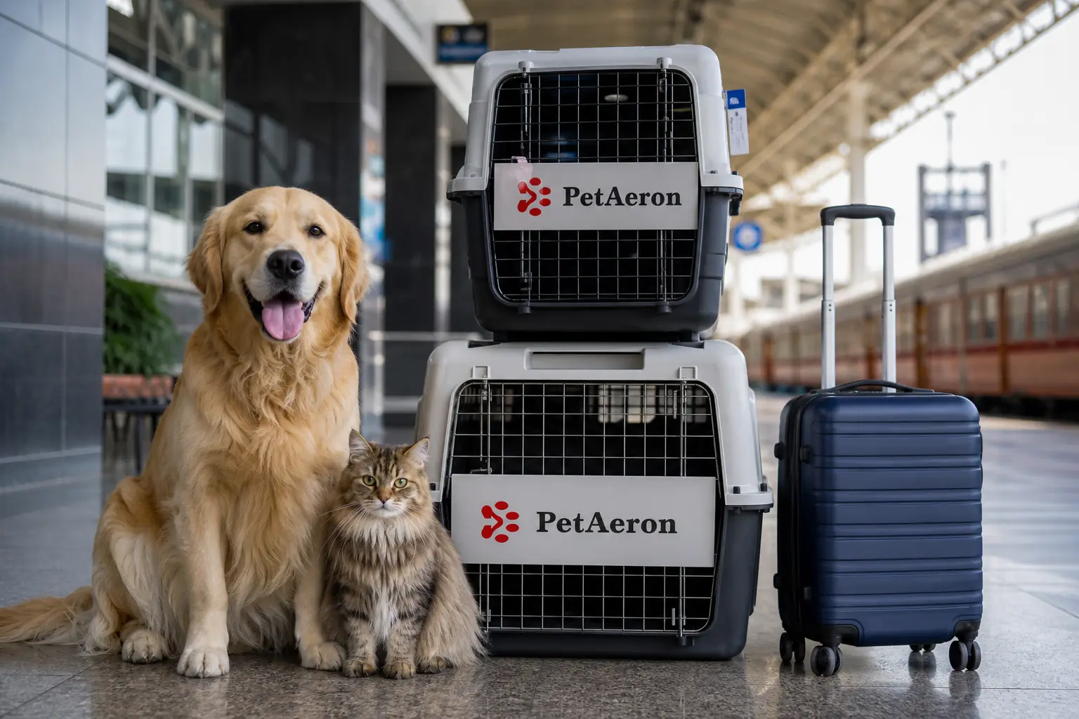 Pet and IATA crate on Indian Railways First AC train transfer to departure hub for New Jersey flight