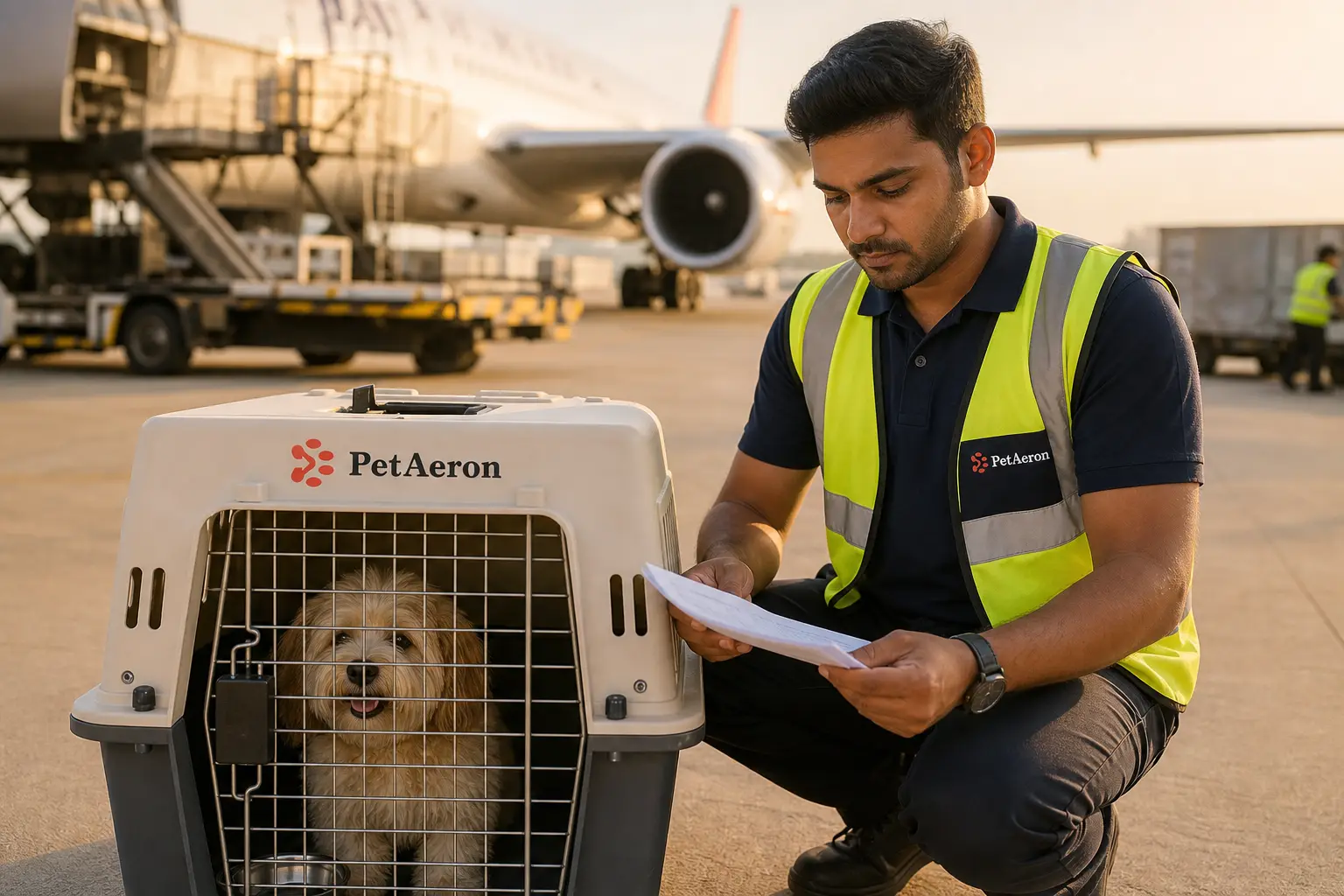 International pet relocation from India to New York, PetAeron specialist with IATA crate at airport