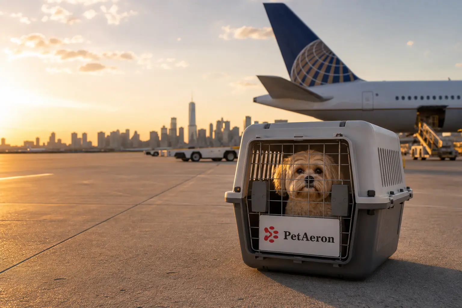 Pet relocation from India to New York, dog in travel crate with New York skyline and airport transfer mood