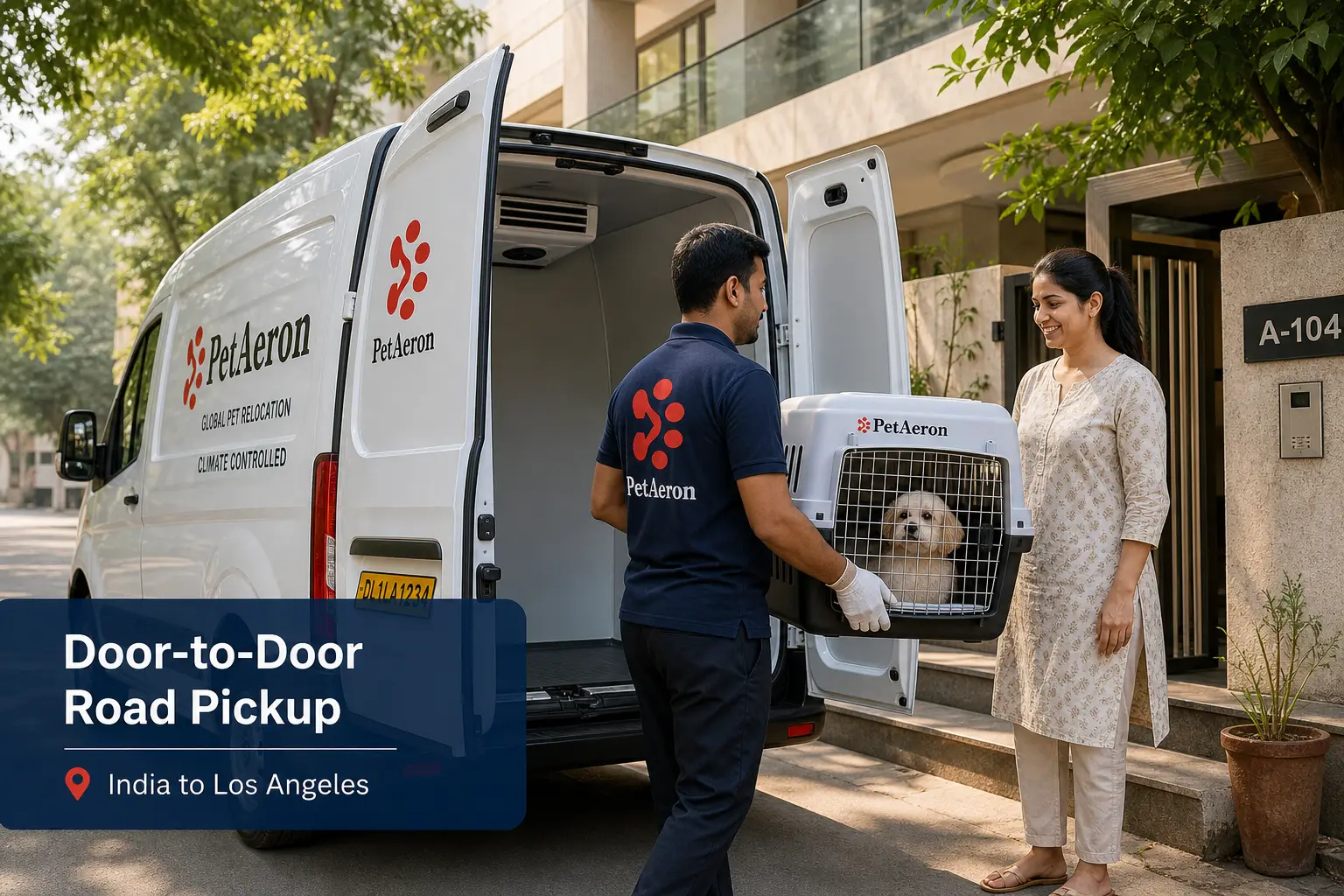 PetAeron climate-controlled van door-to-door pet pickup from Indian home before San Francisco flight