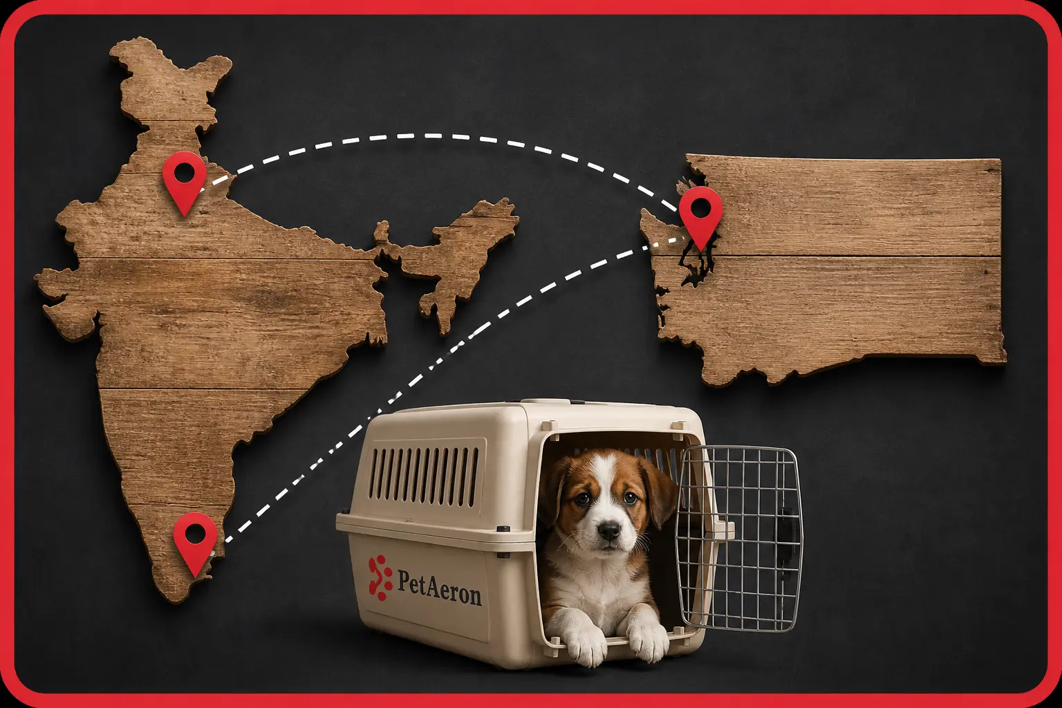 International pet relocation from India to Seattle, puppy in PetAeron IATA crate on India route map
