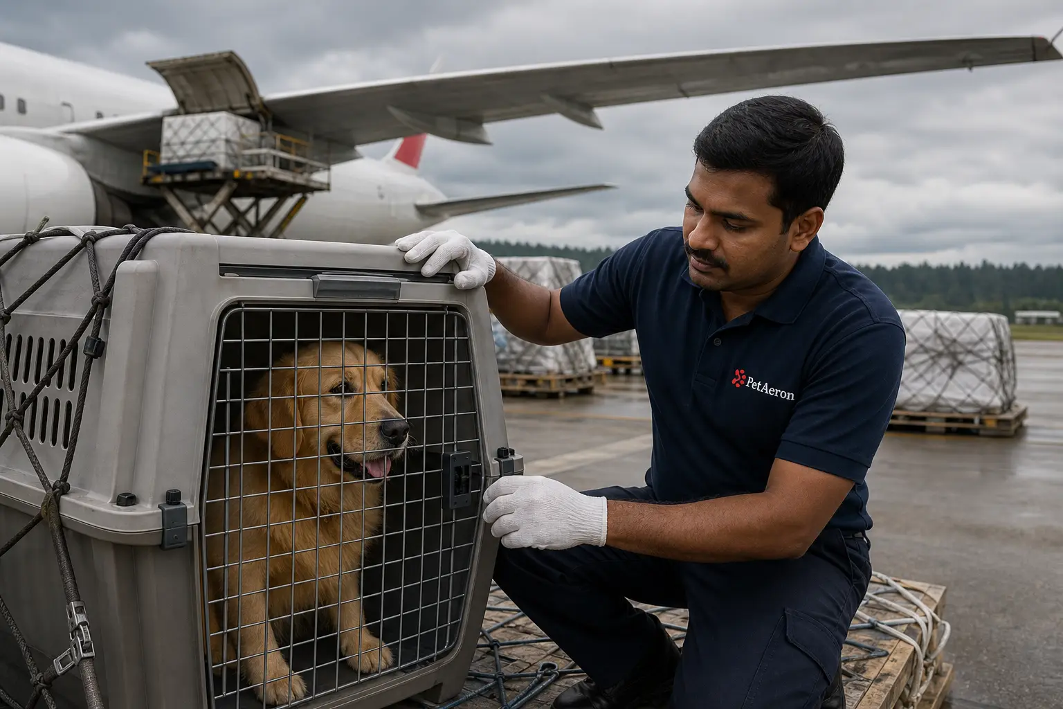 PetAeron staff loading IATA crate for international air cargo flight from India to Seattle SEA