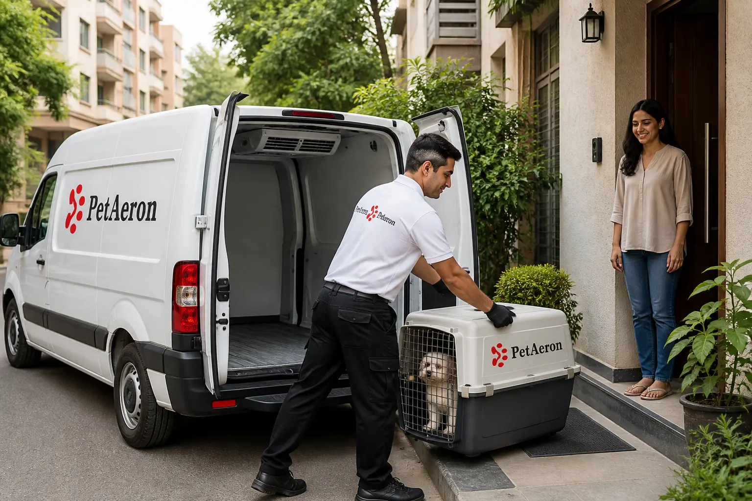 PetAeron climate-controlled van door-to-door pet pickup from Indian home before Seattle flight