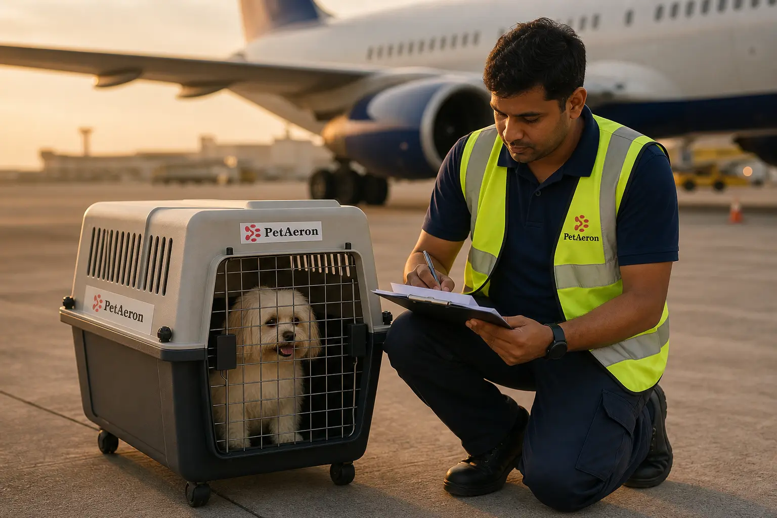 International pet relocation from India to Washington DC, PetAeron specialist with IATA crate at airport
