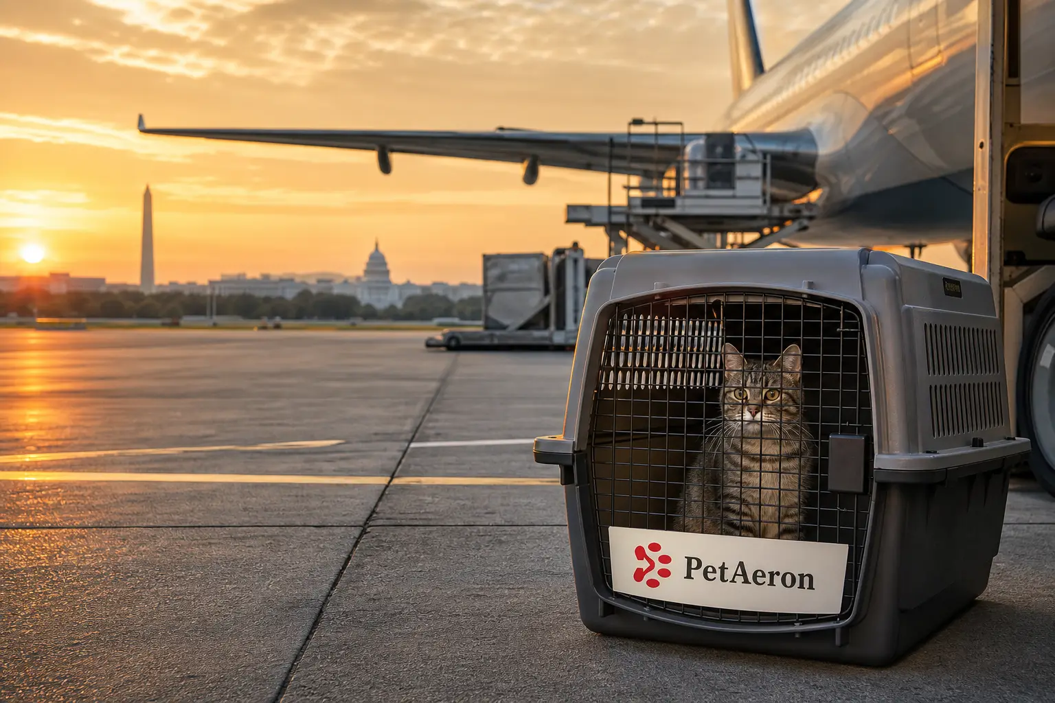 Pet relocation from India to Washington DC, cat in carrier near airport corridor with DC monument skyline