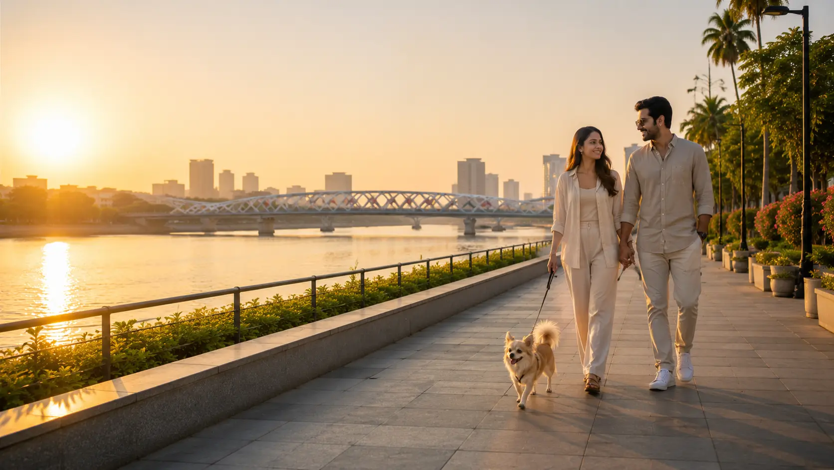 Pet relocation services in Ahmedabad with PetAeron specialist walking a dog along Sabarmati Riverfront