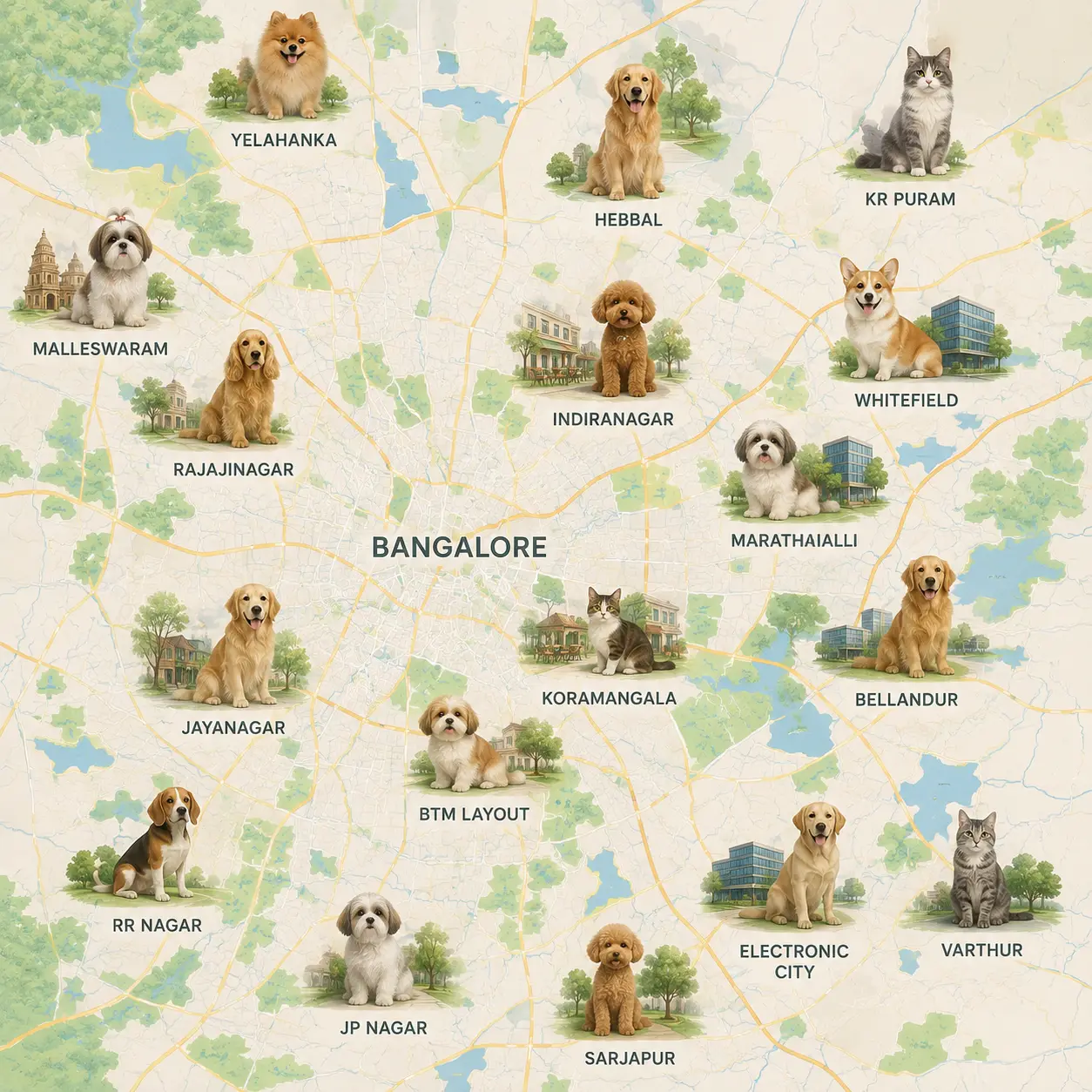 Areas we cover across Bangalore and Bengaluru for pet relocation and pet transport