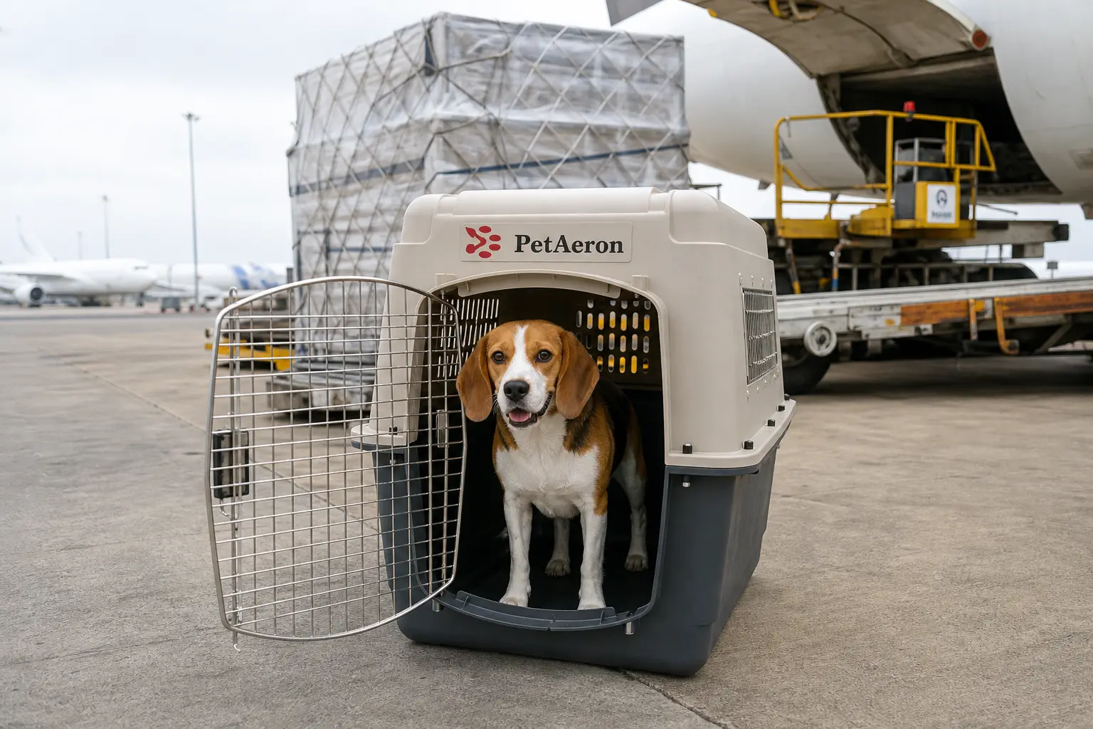 Dog standing comfortably inside a properly sized IATA pet crate for air cargo from Bangalore
