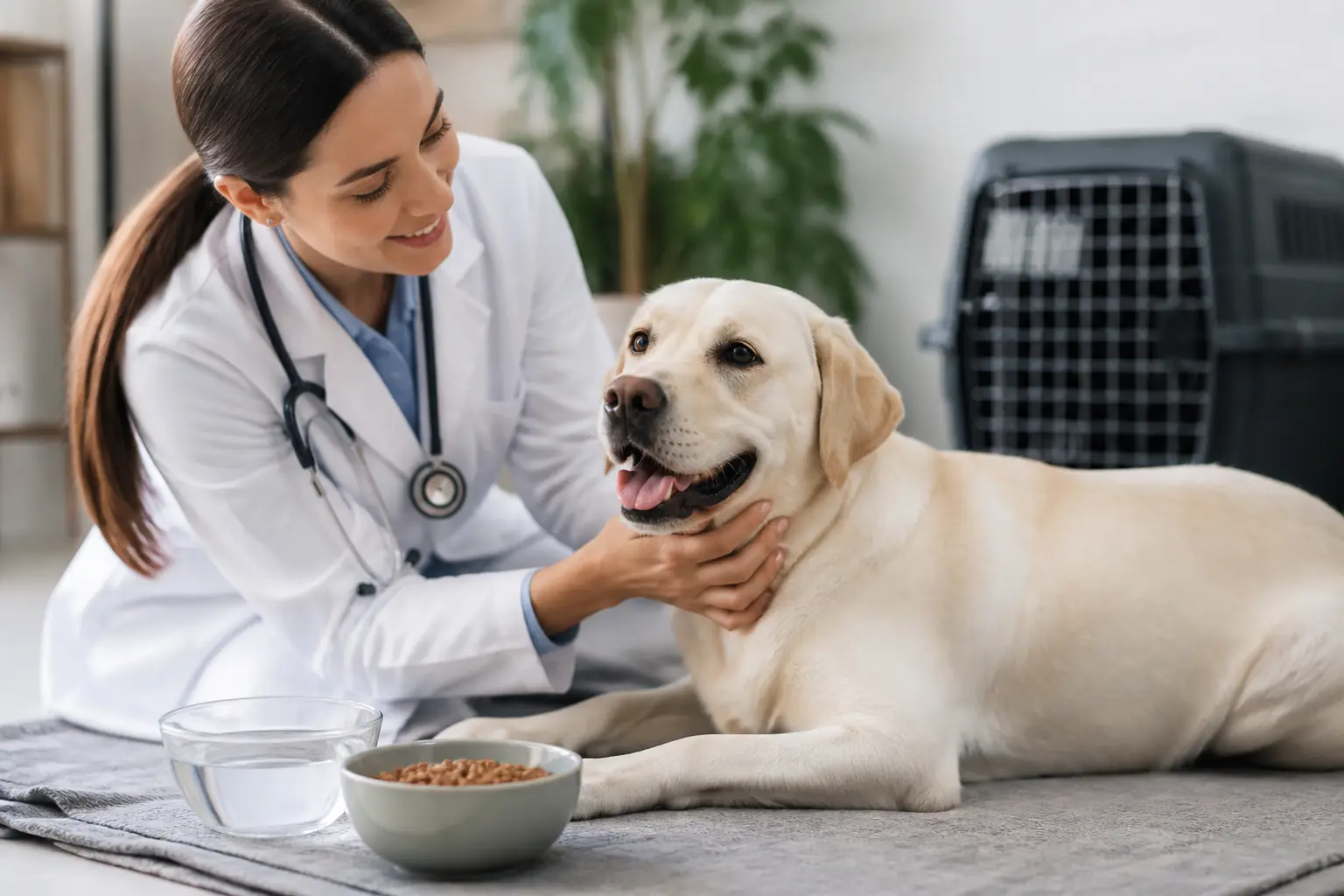Veterinarian pre-travel health check and light feeding preparation on pet travel day in Bangalore