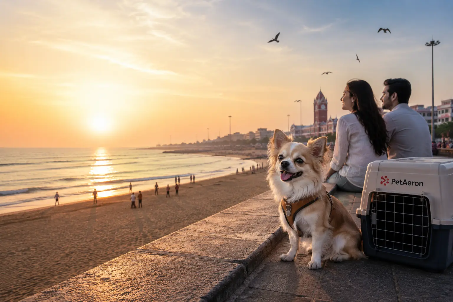 Pet relocation services in Chennai with a couple and their dog at Marina Beach