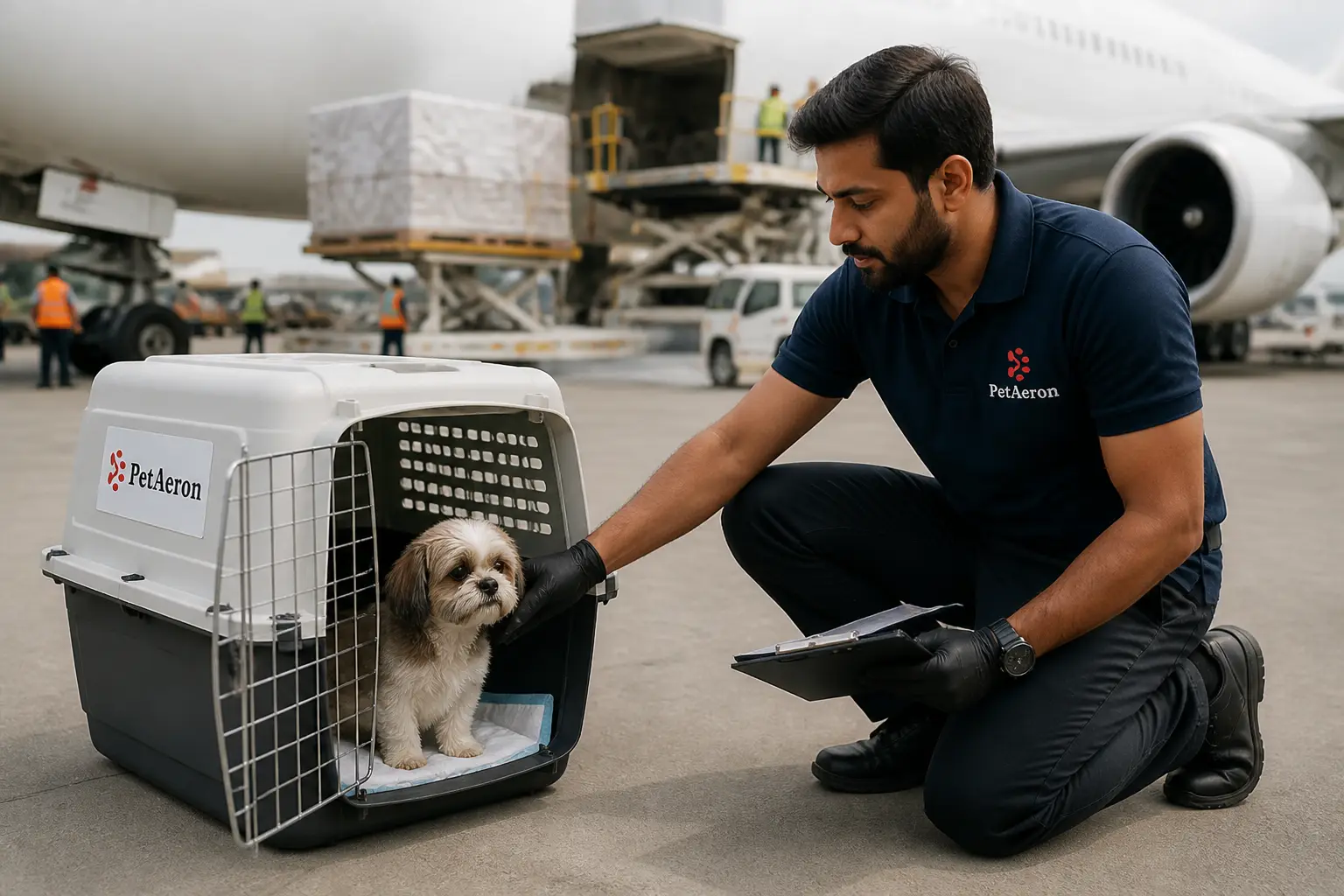 Pre-travel health checks before departure from Chennai with PetAeron IATA crate at airport