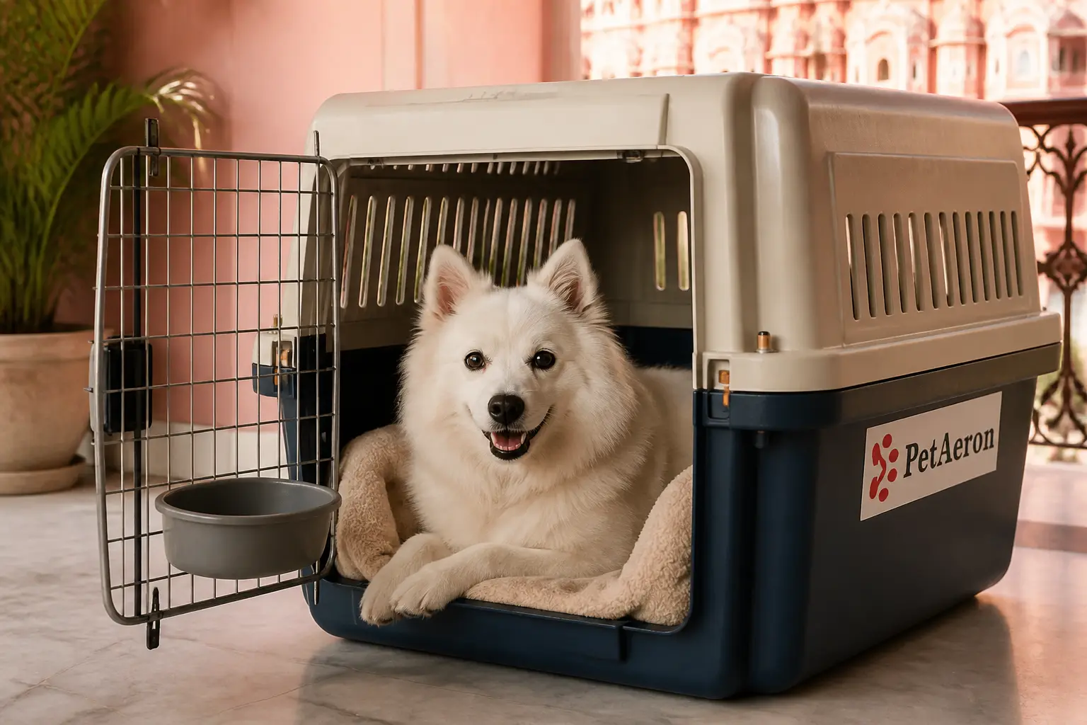 Dog standing comfortably inside a properly sized IATA pet crate for air cargo from Jaipur