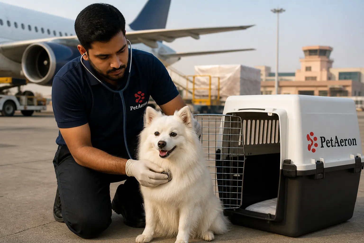 Pre-travel health checks before departure from Jaipur with PetAeron IATA crate at airport