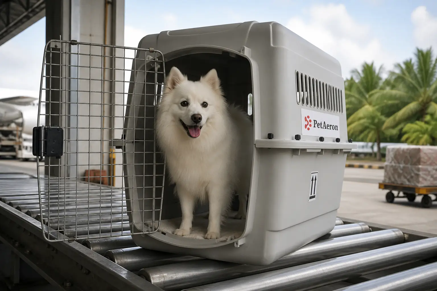 Dog standing comfortably inside a properly sized IATA pet crate for air cargo from Kochi
