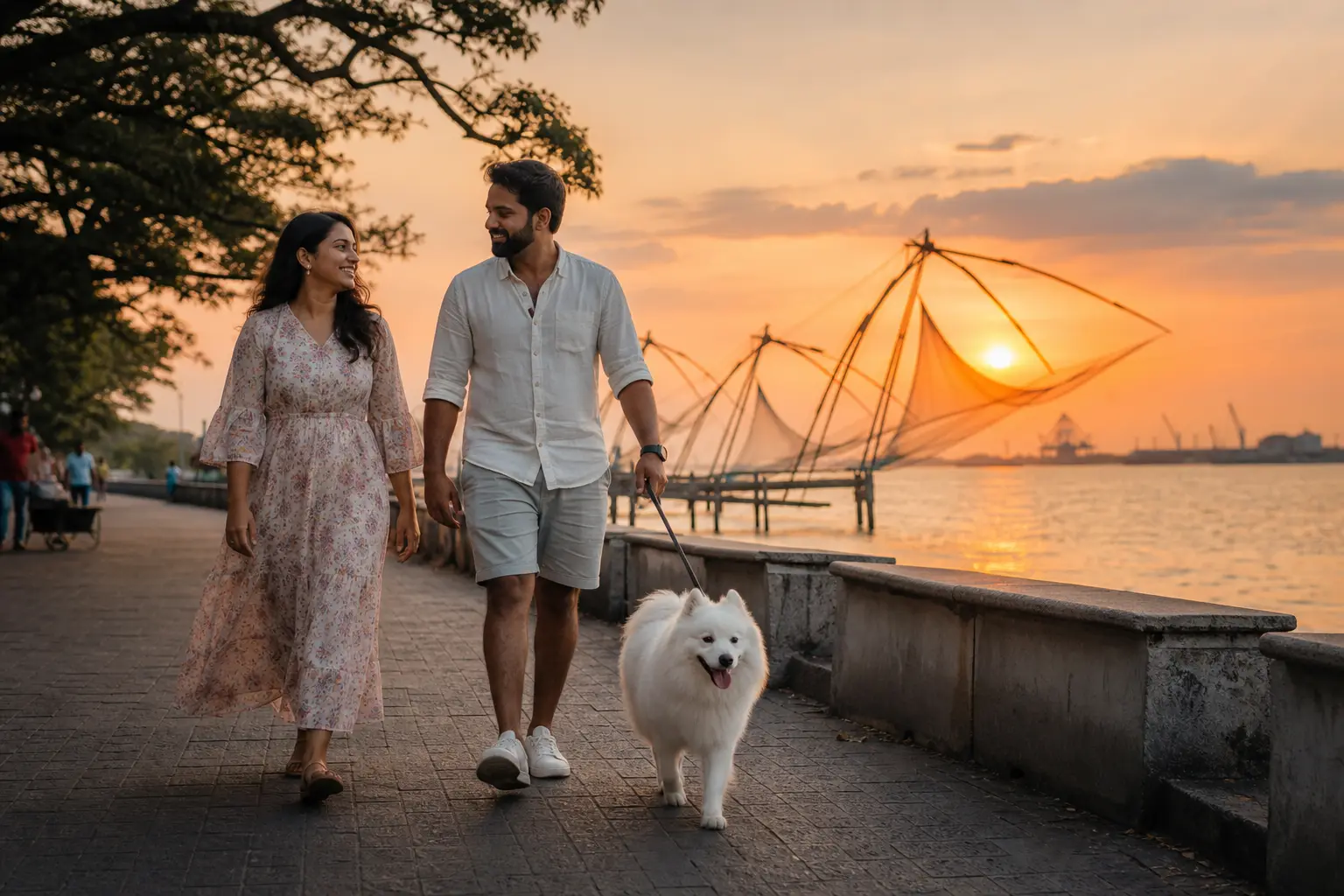 Pet relocation services in Kochi with a couple walking their dog along Marine Drive
