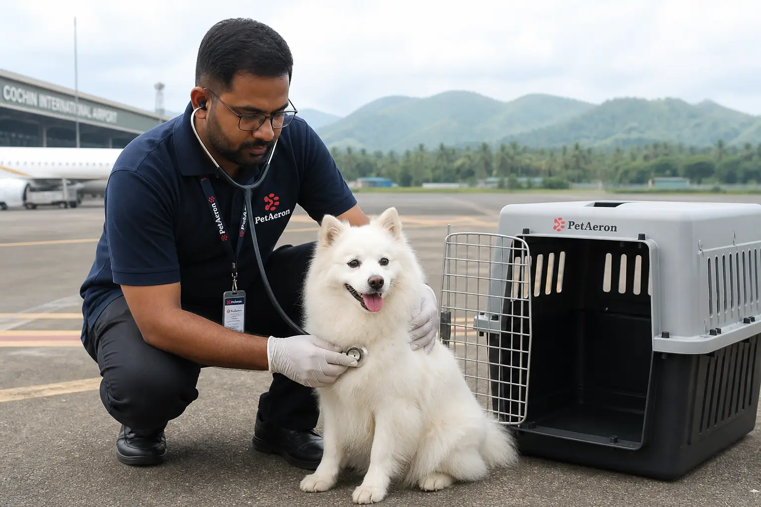 Pre-travel health checks before departure from Kochi with PetAeron IATA crate at Cochin airport