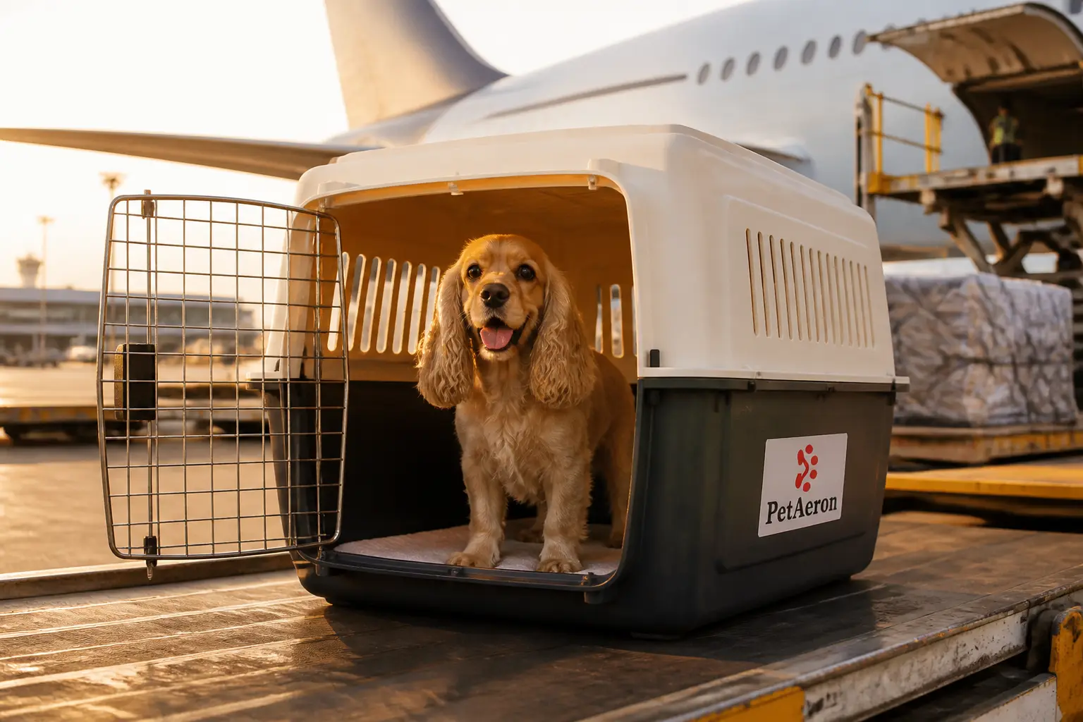 Dog standing comfortably inside a properly sized IATA pet crate for air cargo from Kolkata