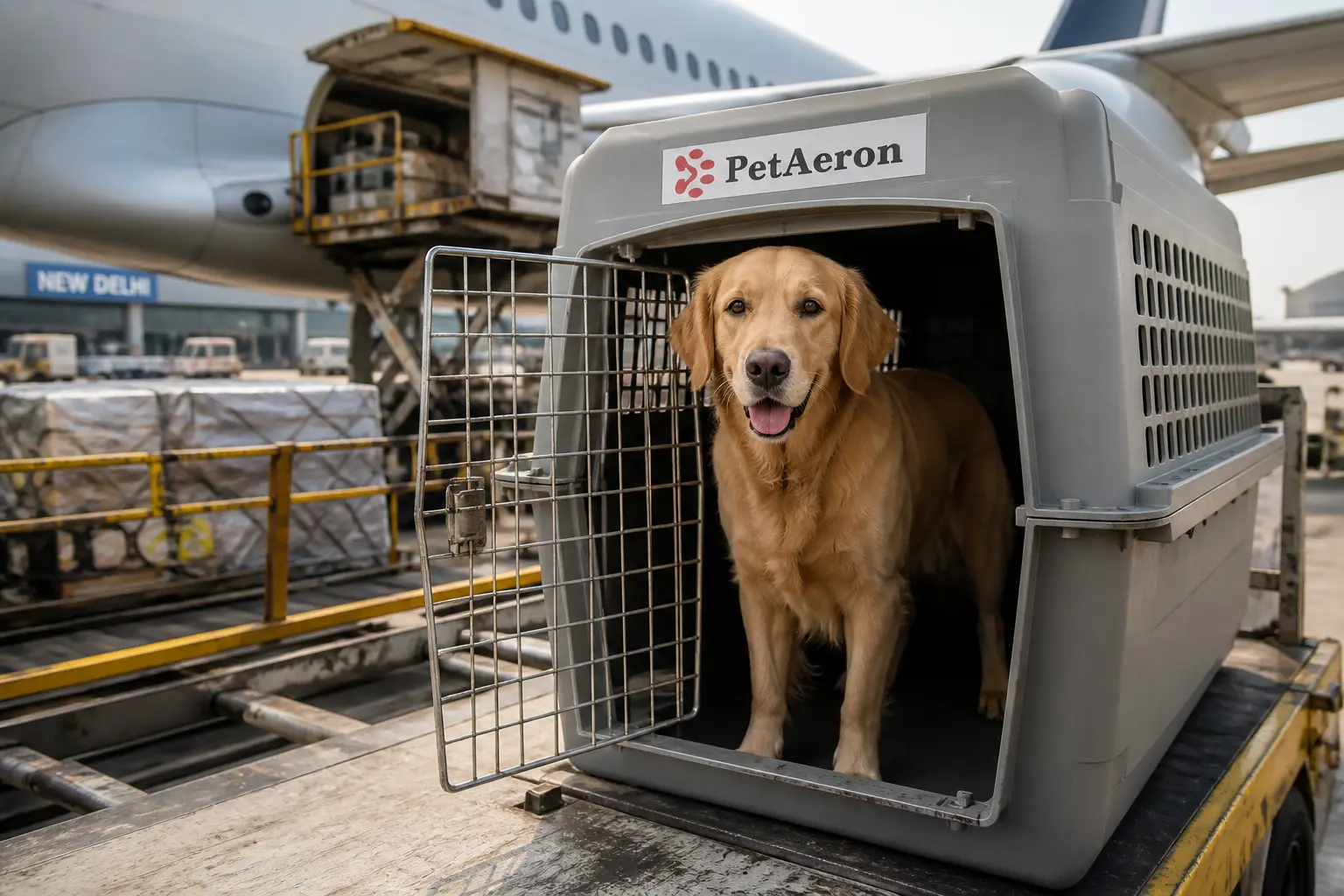 Dog standing comfortably inside a properly sized IATA pet crate for air cargo from New Delhi