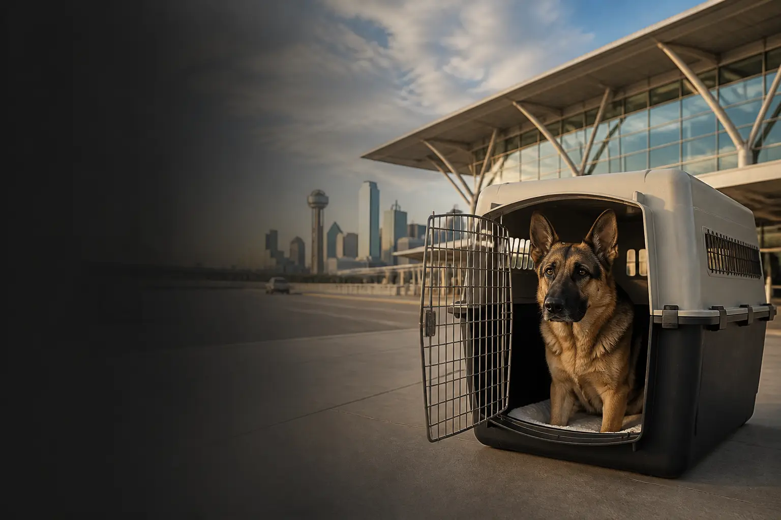 Pet relocation from India to Dallas, pet travel crate with destination skyline