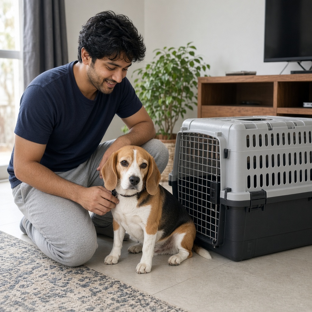 Arjun with his Beagle and IATA crate before Dubai relocation