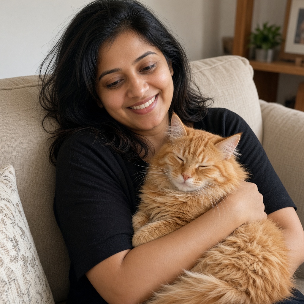 Meera with her cat before domestic relocation from Bangalore